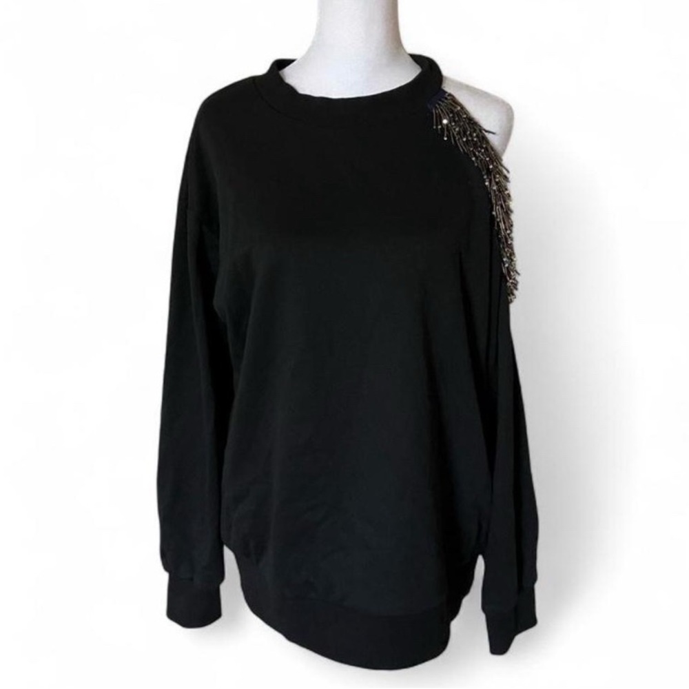 Stellah Black Beaded Cutout Shoulder Crew Neck Sweater size Large - Picture 2 of 10